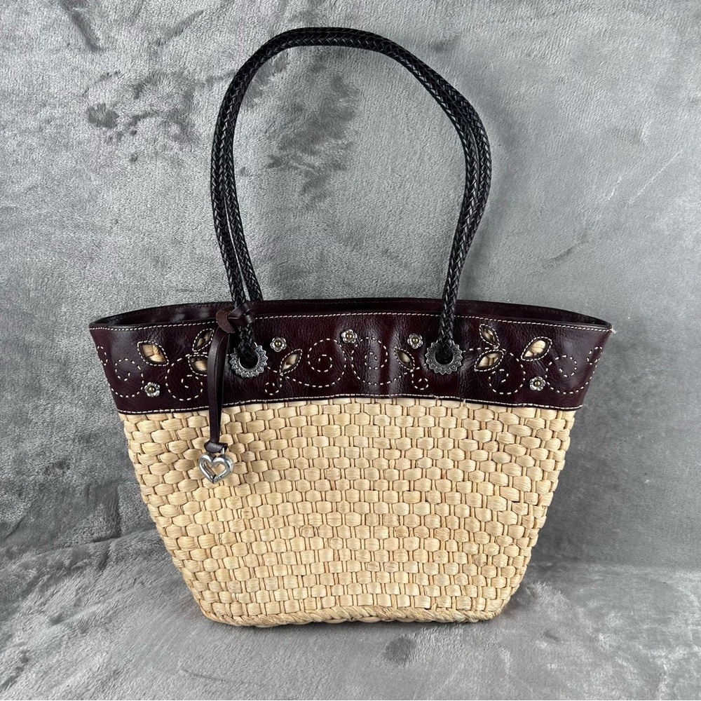 Brighton Tan Woven Straw Tote with Dark Brown Leather Trim